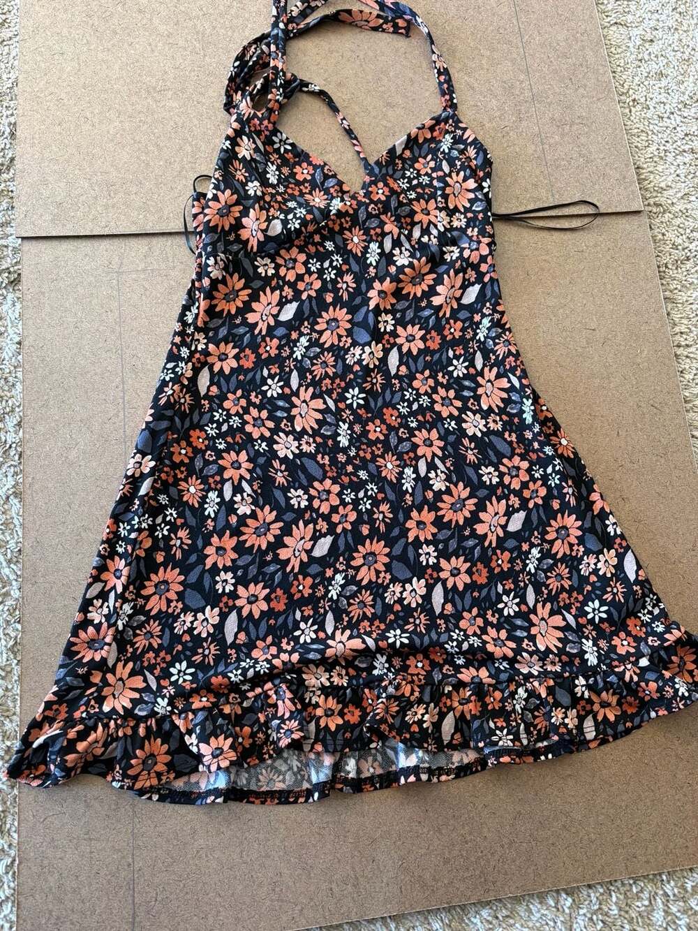 Lovelyda Black Floral Halter Mini Dress with Ruffle Hem Size S
